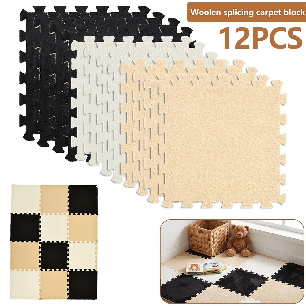 12Pcs Plush Interlocking Carpet Tiles 30*30CM Creative Plush Puzzle Foam Floor Mat with Border Fluffy Floor Area Rug for Bedroom