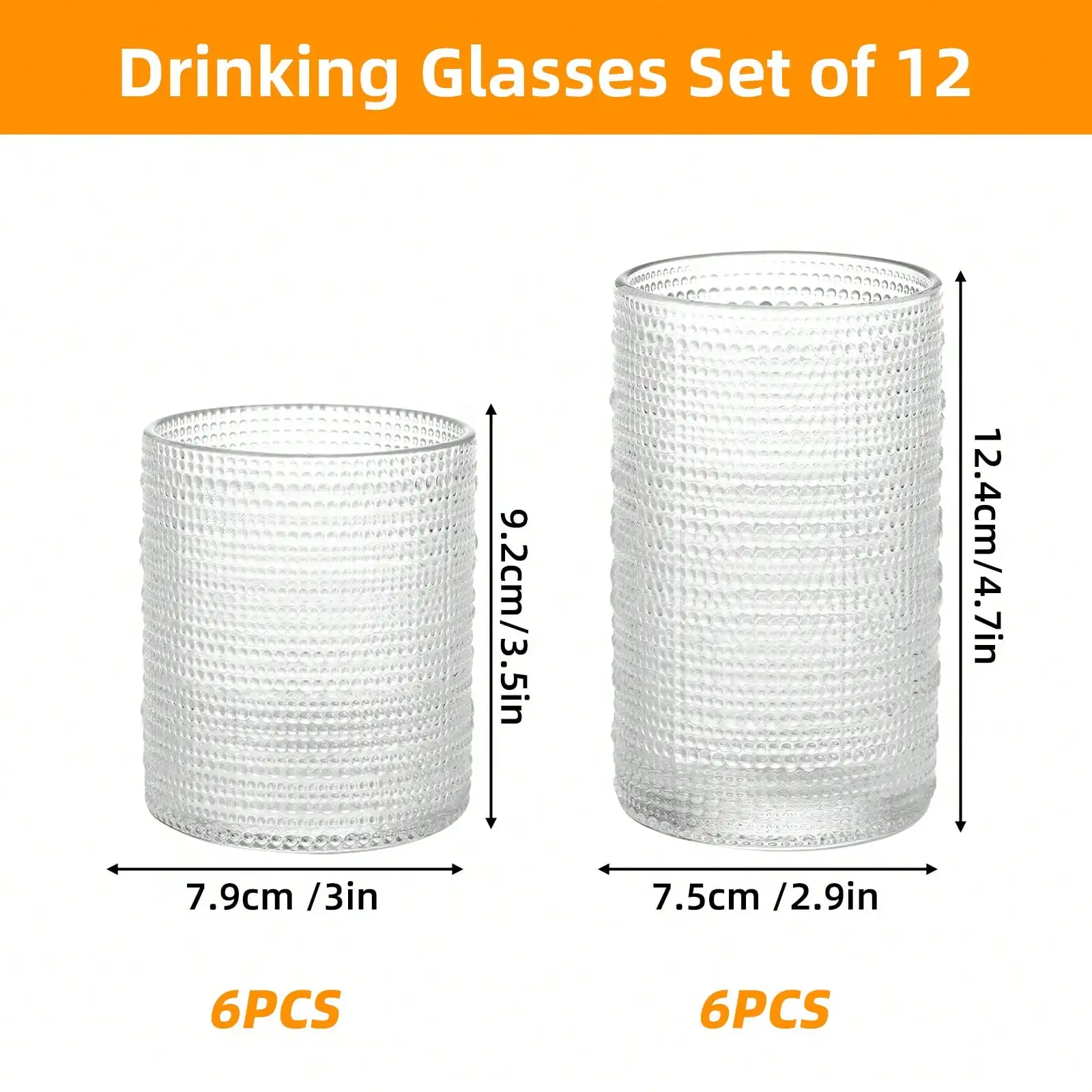 Hobnail Embossed Glassware Set – 12-Piece Clear Collection: Twelve 12-Ounce Highball Glasses and Ten 10-Ounce Cocktail Tumblers.