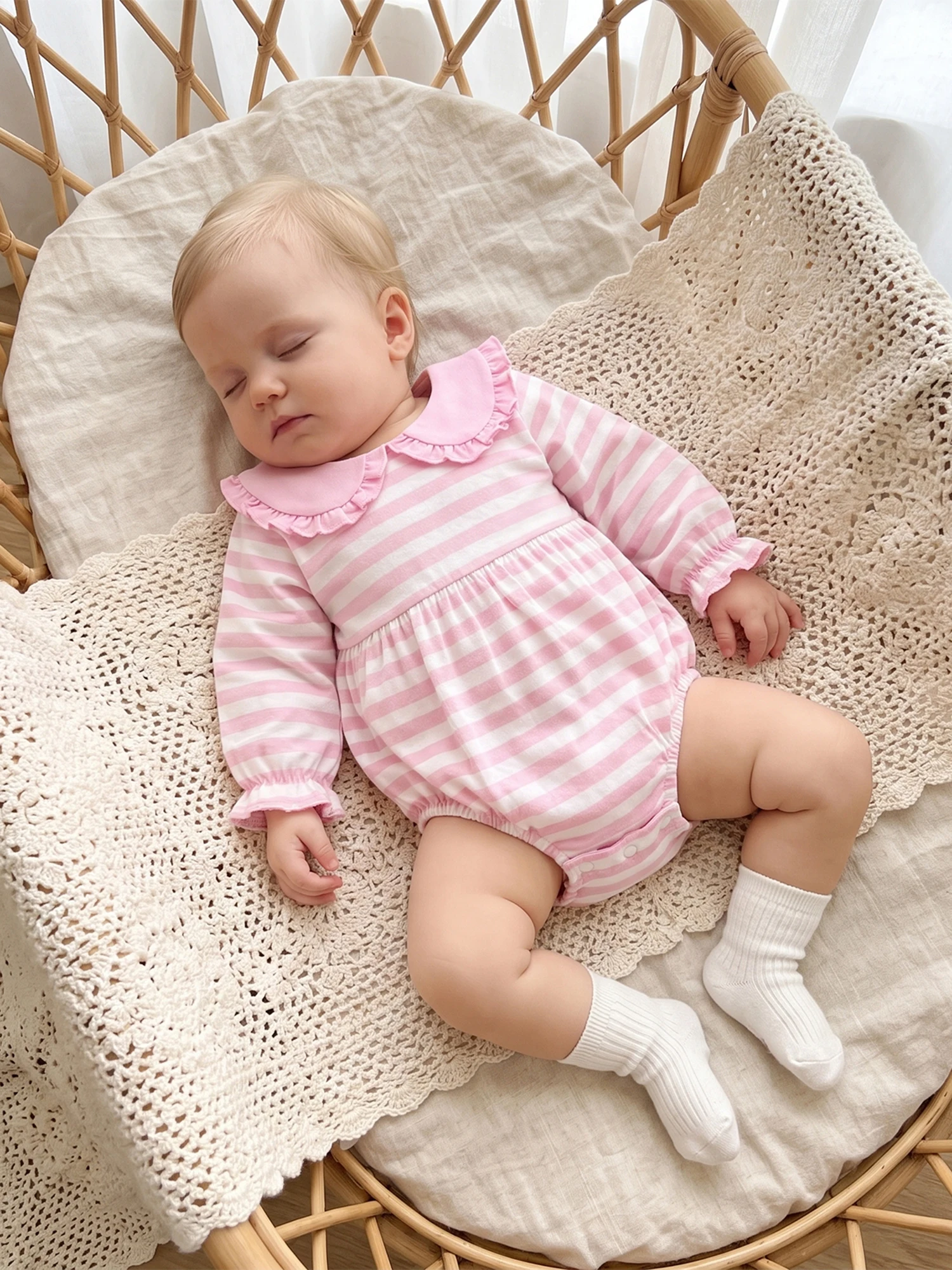 Ruffle Doll Striped Romper Ruffle Doll Collar Striped Bodysuits Ruffle Doll Collar Sleeve-Bodysuits Fall Romper Ruffle