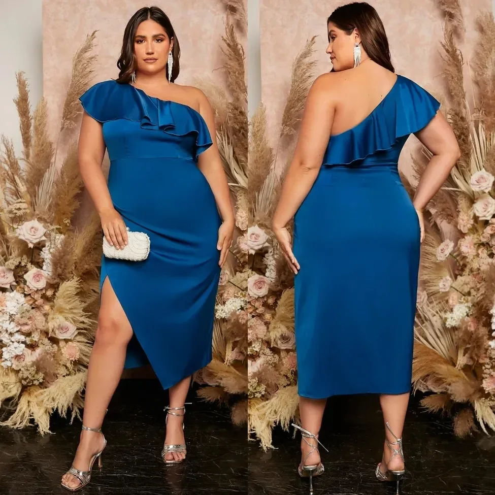 Elegante vestido azul real sexy vestido de baile plus size, pescoço apertado de um ombro, comprimento fendido chá, para ocasiões especiais