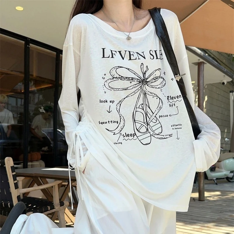 

Drawstring Loose Printing Perspective Lazy Style Tops Summer New Thin Simplicity Casual T Shirts Fashion Korean Women Clothing