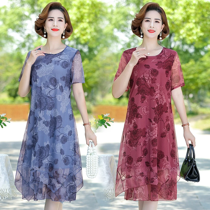 Summer Beach Floral Dress Women Elegant O-Neck Chiffon Plus Size Midi Dress Pink Print Bodycon Party Dress Short Sleeve