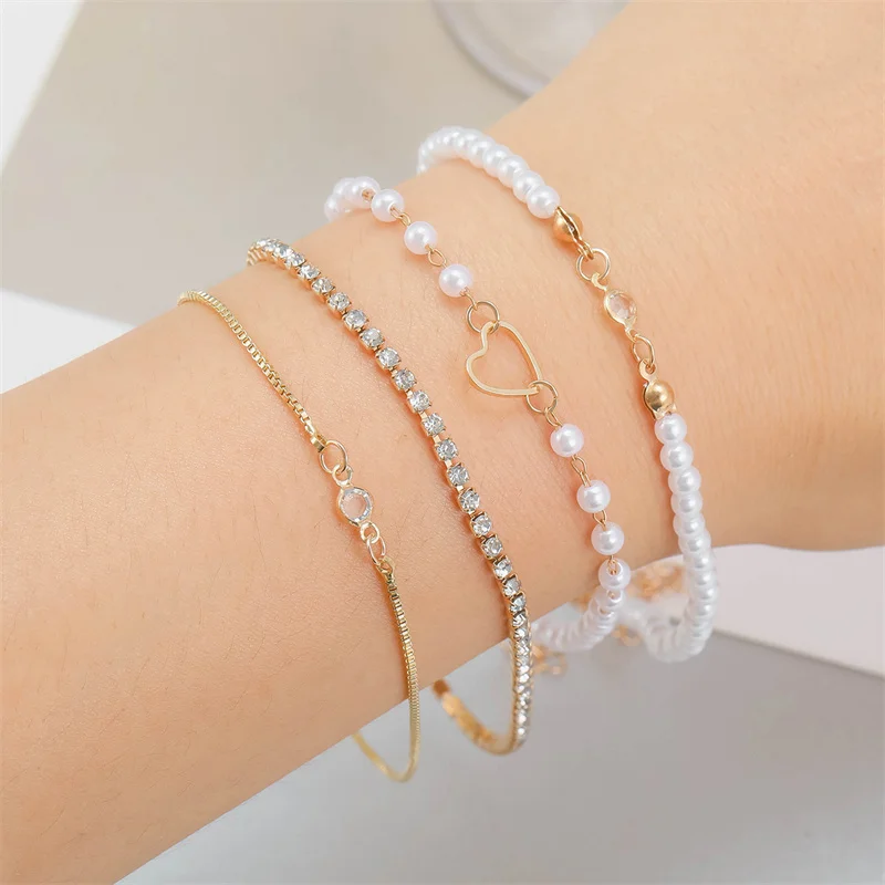 4Pcs Set of Ladies Simple Temperament Fashion Bracelet Set Knotted Imitation Pearl Zircon Love Gold-Color Bracelet Jewelry Gift