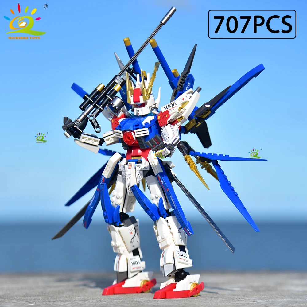 HUIQIBAO Blue Red Warrior Mech Weapon Robot Building Blocks MOC Action Figures Brick Children City Construction Display Toys