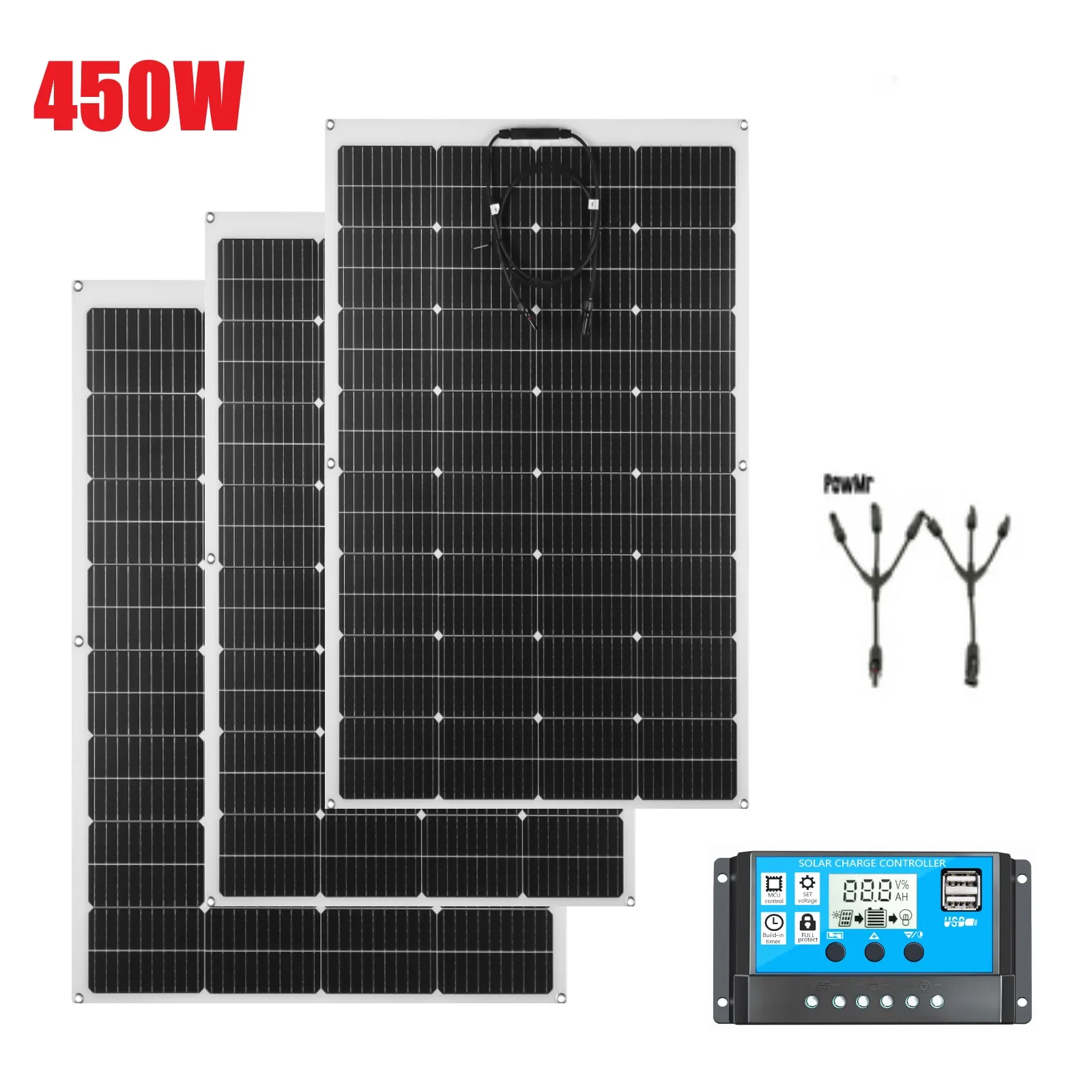 PowMr 450W 300W Solar Panel 12V/24V Power System 150W Flexible Solar Complete Kits Camping Home Roof RV Car Solar Battery Energy