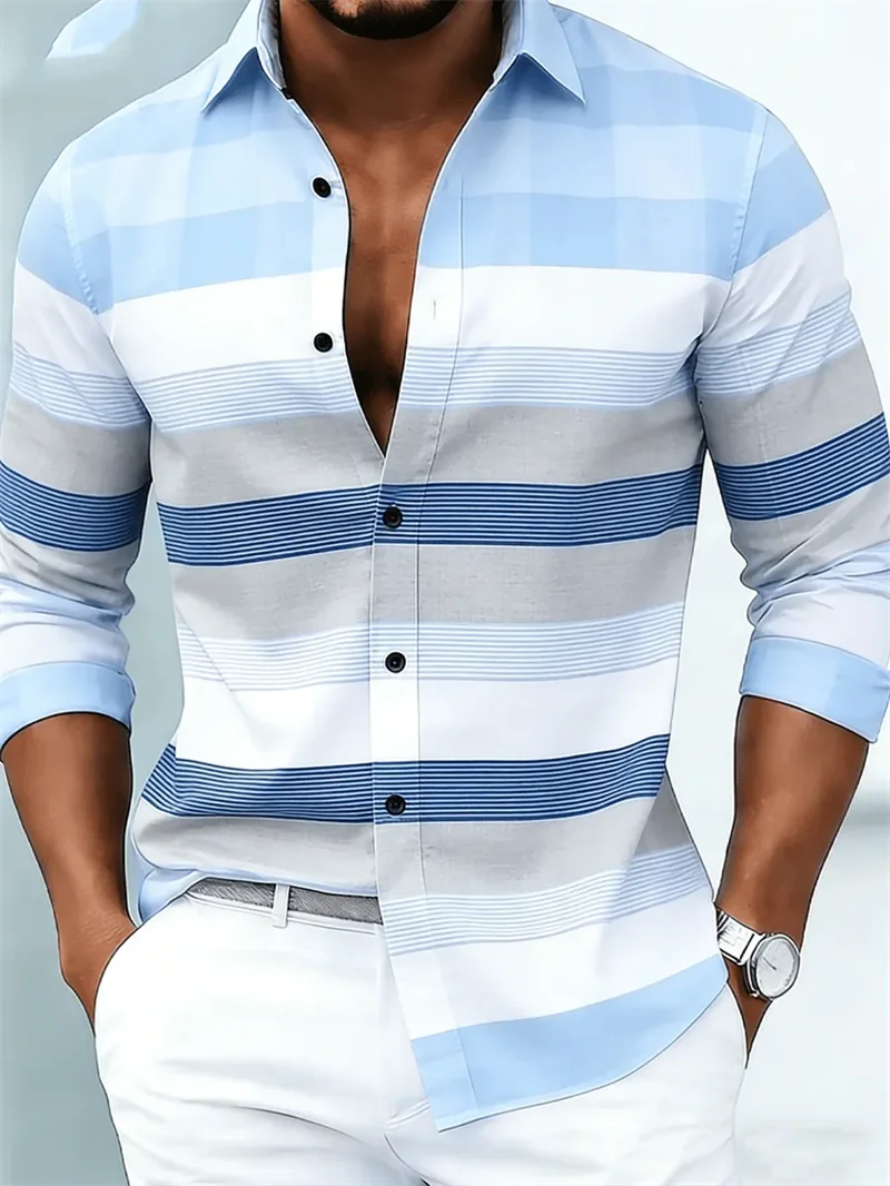 New men's long sleeved shirt casual fashion 3D striped print high-quality shirt single breasted long sleeved top image 6