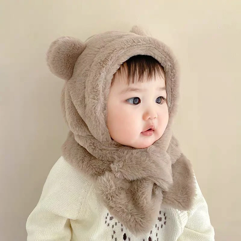 

Winter Children Plush Scarf Hat Cute Bear Baby Ear Protection Cap 6-36M Kids Outdoor Windproof Warm Ski Bonnet Neck Snood Beanie
