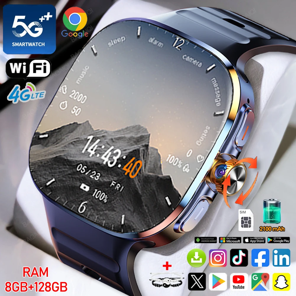 5G/4G Full Network Smart Watch 2.40 inch 720*720 AMOLED Screen Video Call 8GB+128GB RAM 2100 mAh Google Play WIFI GPS Smartwatch