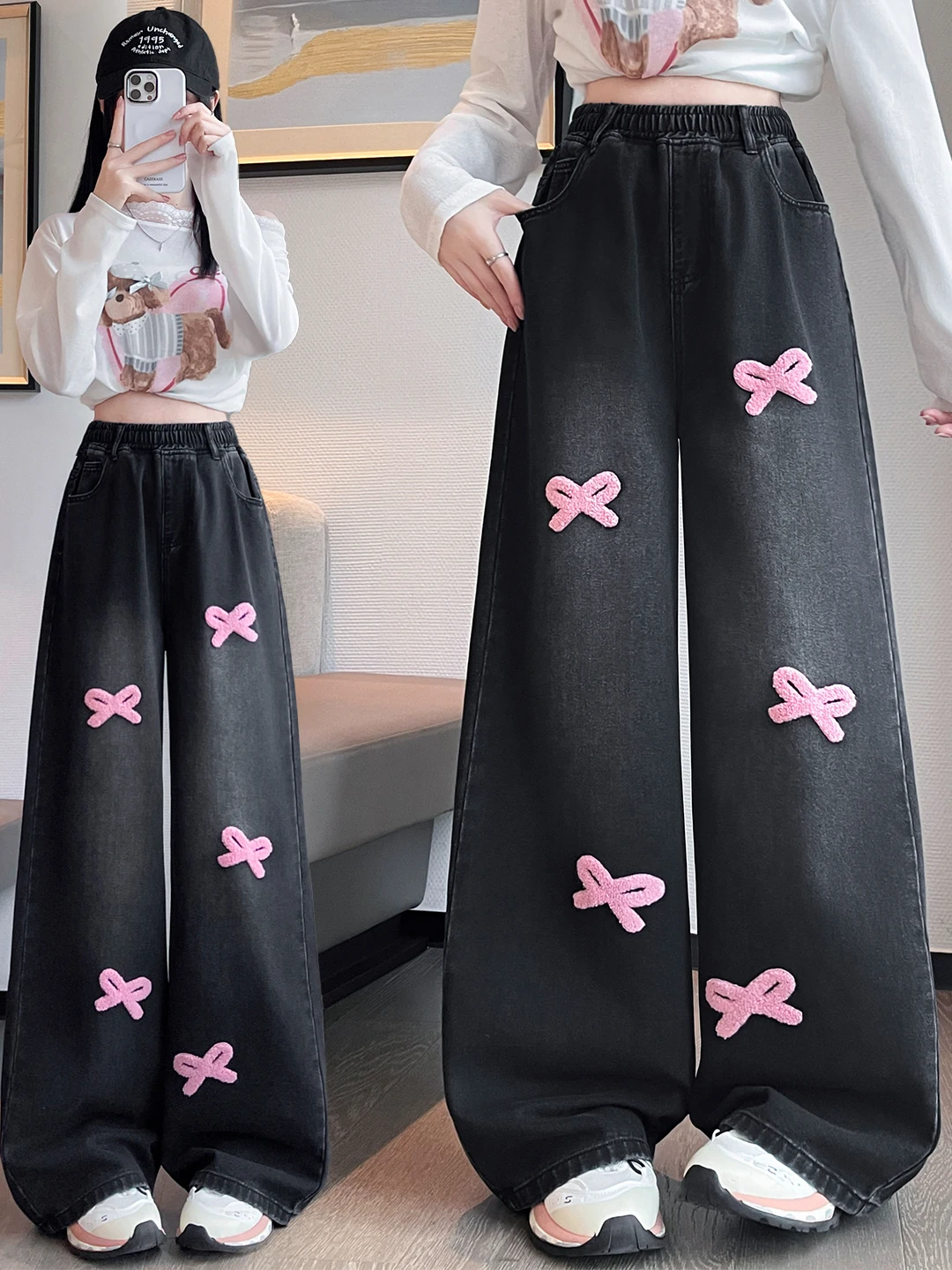 Authentic Embroidered  Knot High Waist Straight Leg Jeans Loose Women's Casual Pants Cotton Blend Wide Leg Trousers