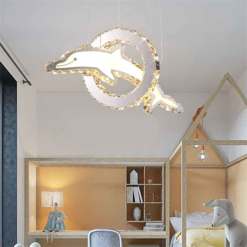 Modern crystal dolphin pendant lights dining room led dimming lamp bedroom kids room stainless steel hanging lights lighting