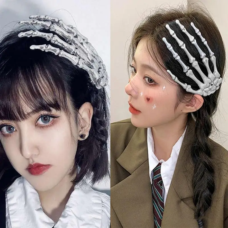 Grampos de cabelo em forma de osso de caveira, grampos de cabelo engraçados em forma de osso de mão para halloween, design gótico, adereços, acessórios de halloween, brincadeira