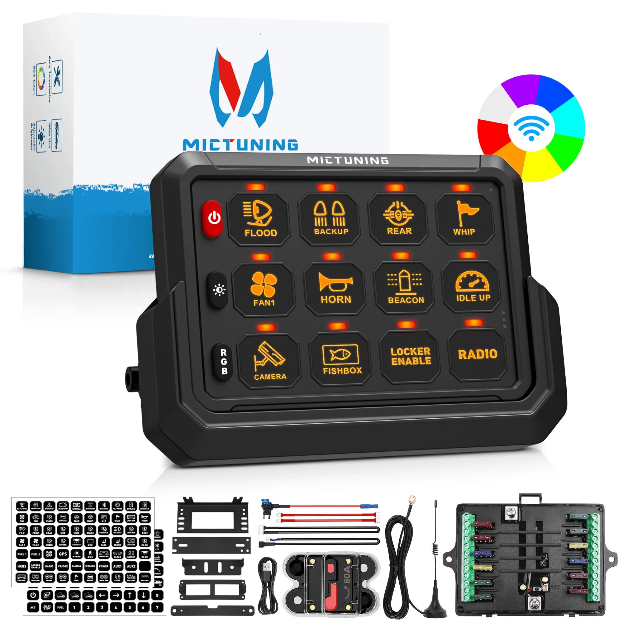 MICTUNING P1s 12 Gang Switch Panel, Wireless Cordless, Adjustable RGB Colors Brightness, Multifunction Toggle Momentary Strobe