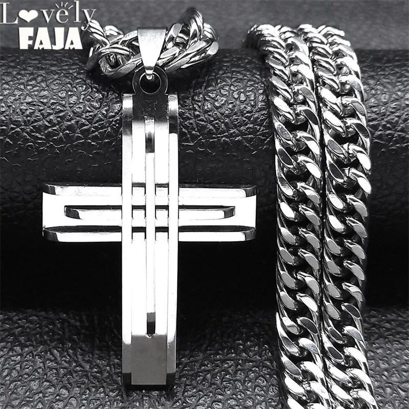 Punk Hip-hop Cross Layered Necklace Men Stainless Steel Silver Color Religious Necklaces Jewelry Party  Anniversary Gift N2356