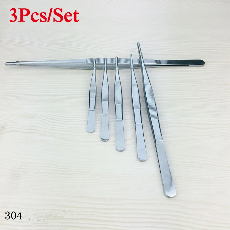 3pc/Set Toothed Tweezers Barbecue Stainless Steel Long Food Tongs Straight Home Medical Tweezer Garden Kitchen BBQ Tool