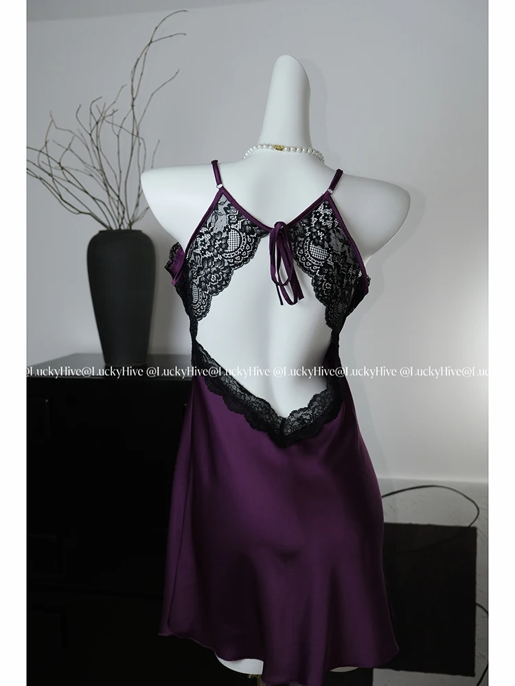 Women's Purple Lace Nightdress Sexy Lingerie Nightwear Bath Robe Gown Nightdress Exotic Nightgown Home Dress 90s Clothing Summer