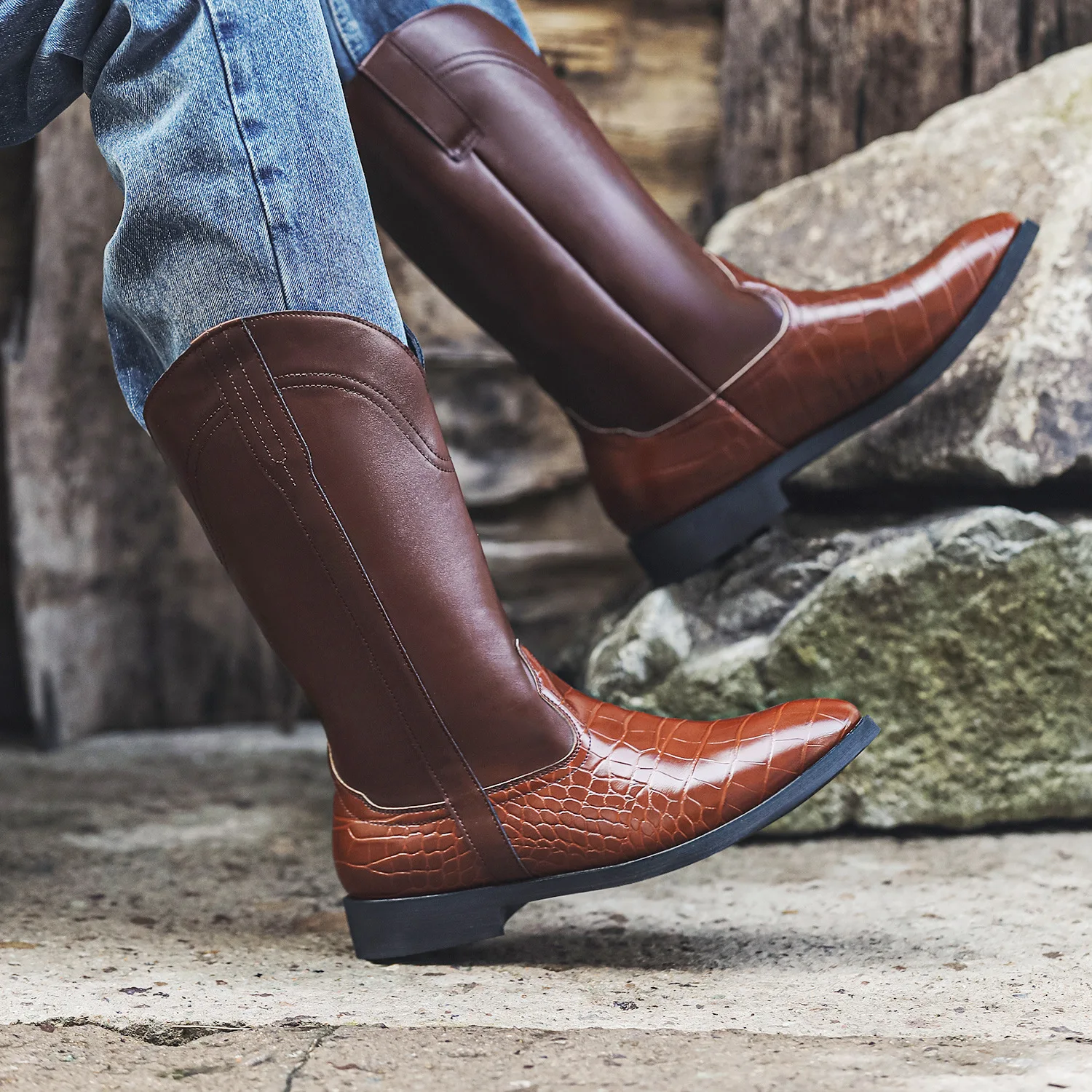 Men Mid-calf Boots Handmade Retro Western Cowboy Boots Slip on Shoes Casual Shoes Zapatos Hombres Unisex Women Knight Boots