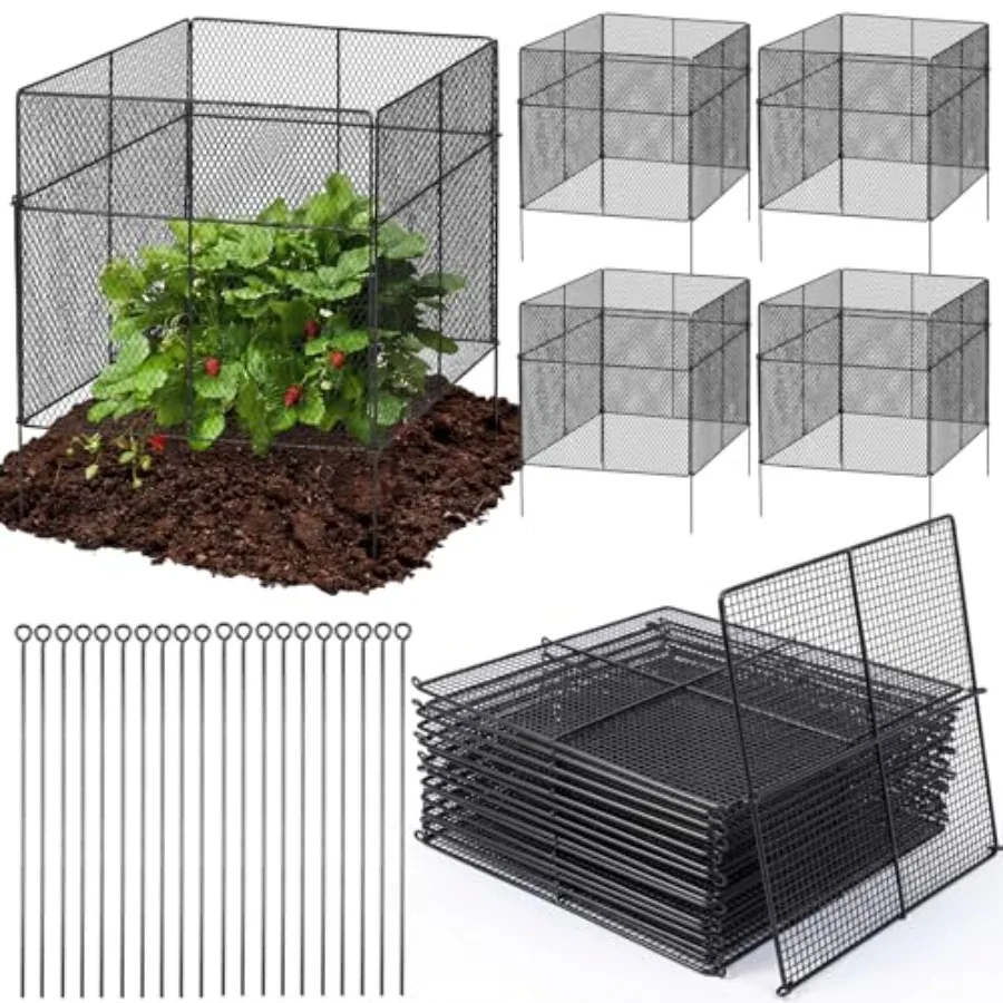 Outdoor Plant Protection Cage: Galvanized Steel Mesh, Black, 5-Pack Large Square Design With 15.8-Inch Stakes For Vegetable See