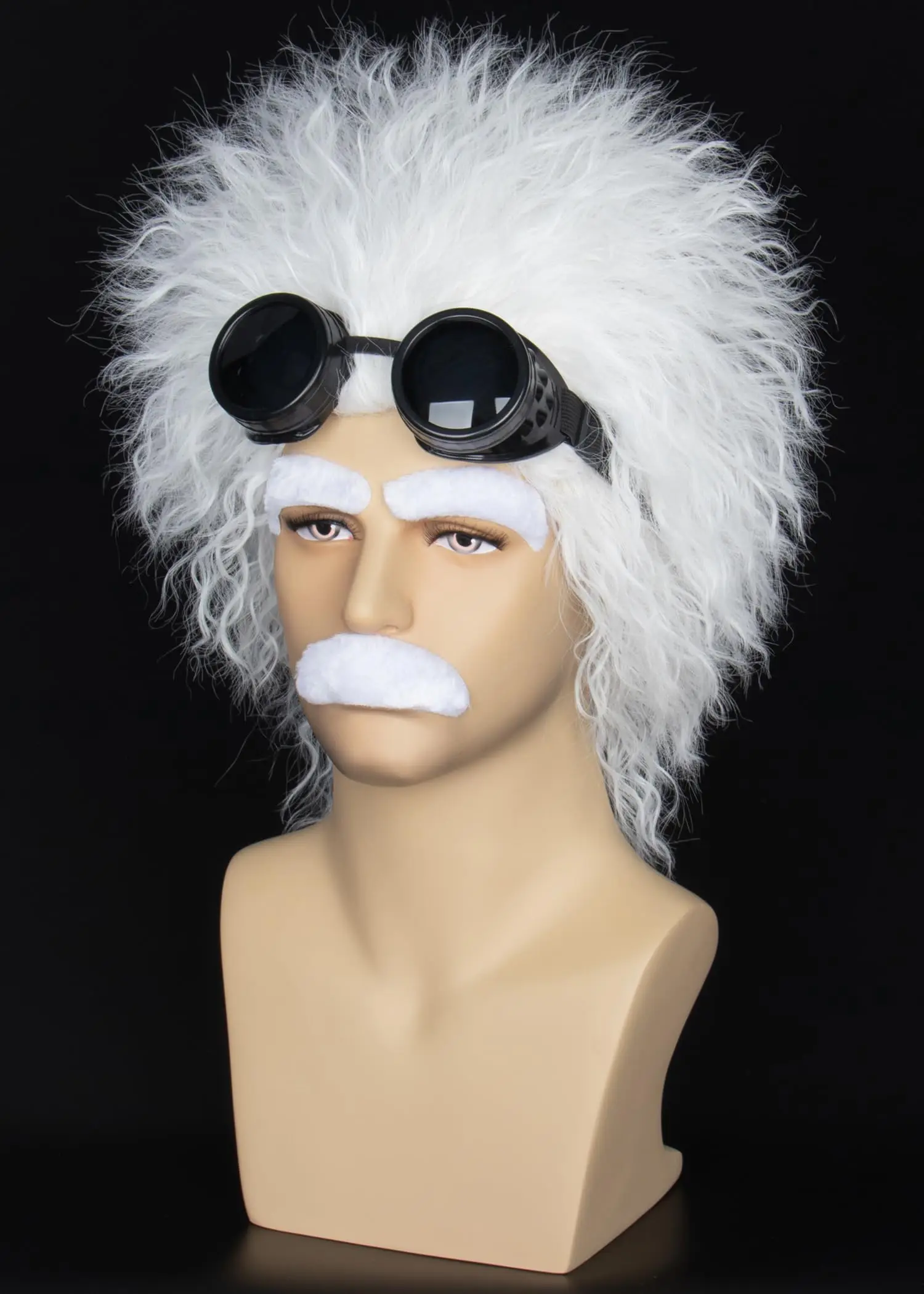 Miss U Hair Mad Scientist Wig with Moustache Eyebrows Glasses Set - Short Curly White Hair for Halloween Costumes and Cosplay