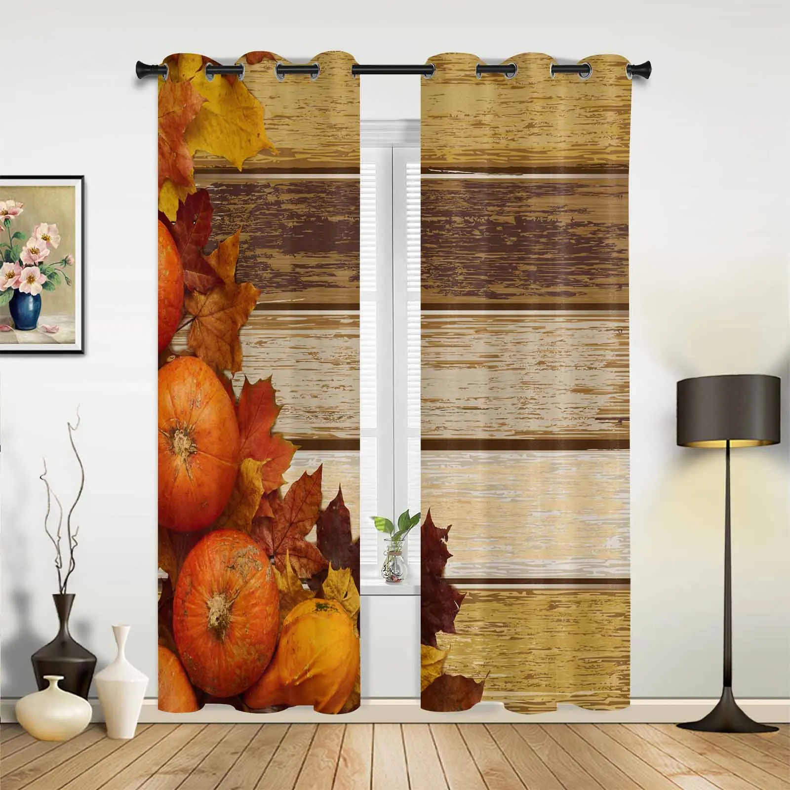 Pumpkin Leaf And Wood Grain Window Curtains Printing Curtains for Living Room Modern Design Bedroom Decor Drapes