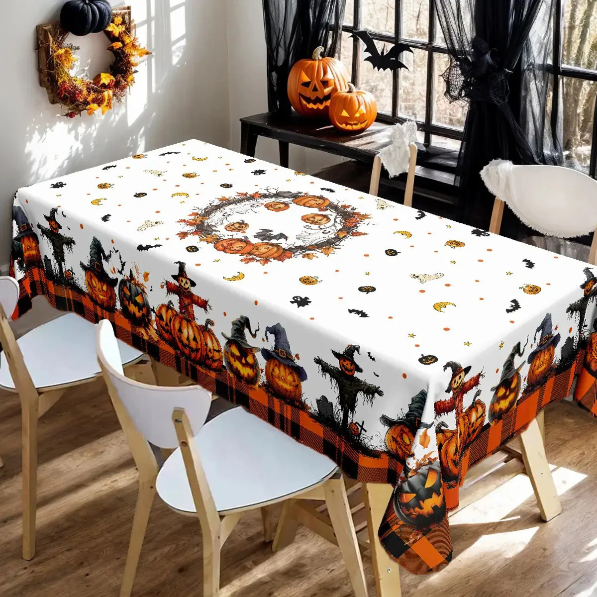 【2D】Tablecovers 1pc Halloween and Day of the Dead Tablecloth Buffalo Check Pumpkin Print with Witch Hatzyc