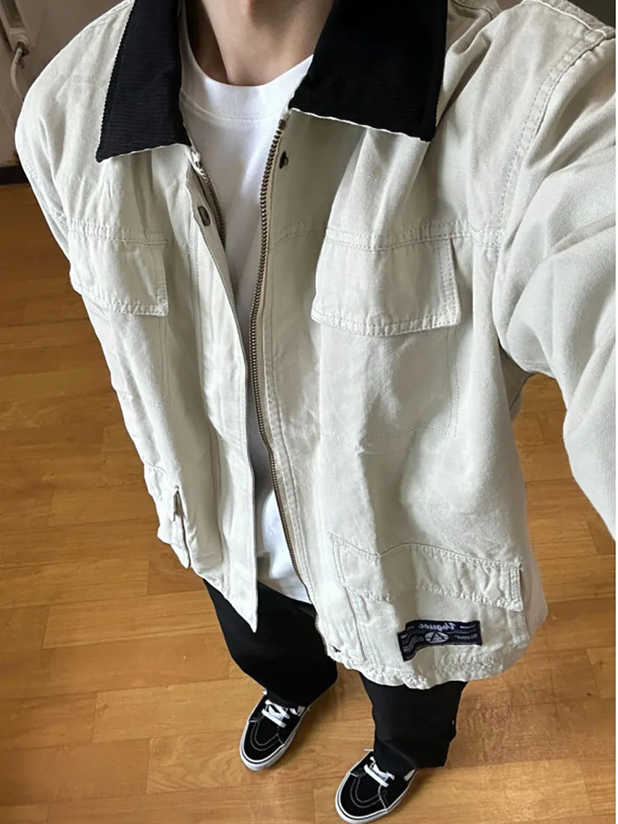 

Американская рабочая одежда Jaet, мужская винтажная одежда с воротником контрастного цвета Haome Detroit Jaet, свободная посадка из полиэфирного волокна, длинная одежда...