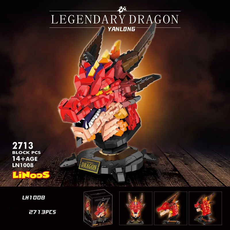 Idea Decoration Movie Gold Fiery Dragon Head Block Construction Building Brick Model Educational Toys Collection For Gift