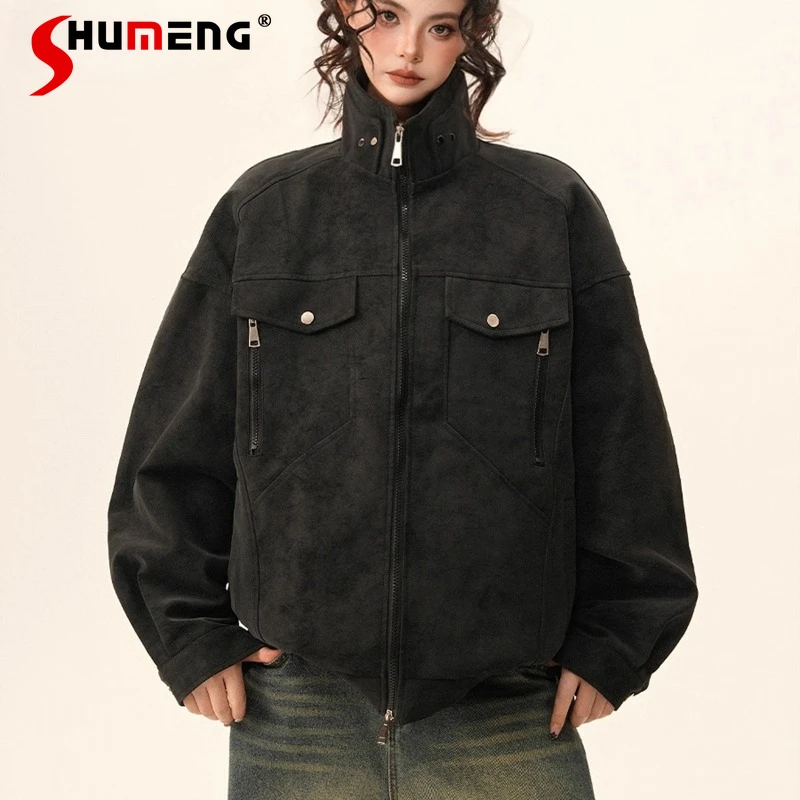 

Fashion High Street Stand Collar Motorcycle Jackets Men Women 2025 Spring New Coats Handsome Solid Color Retro Tooling Jackets