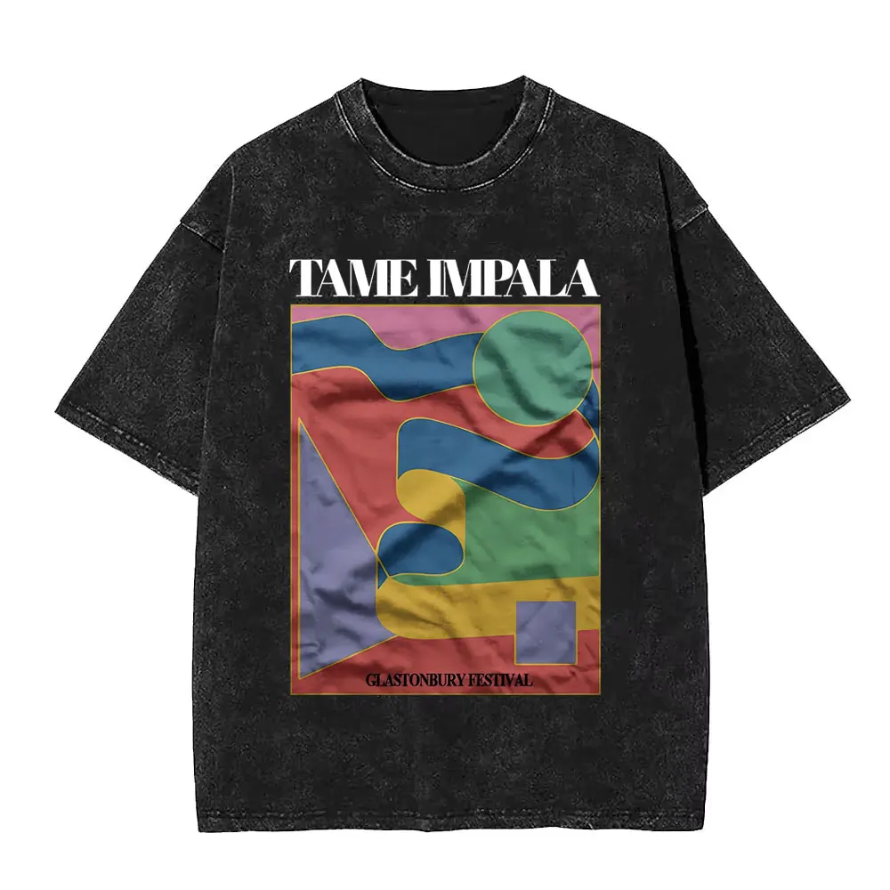 Vintage Washed Pop Rock Band Tame Impala Currents Grafikdruck T-Shirts Männer Frauen Casual Baumwolle Übergroßes Kurzarm-T-Shirt – Detail 31