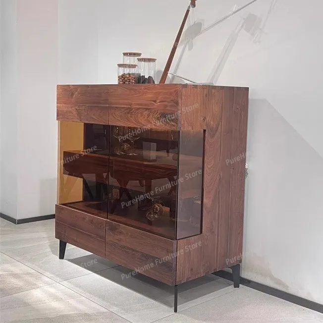 

Black Walnut Solid Wood Sideboards Fluted Buffet Cabinet with 2 Drawers Wine & Coffee Bar Customized Storage Furniture for Home