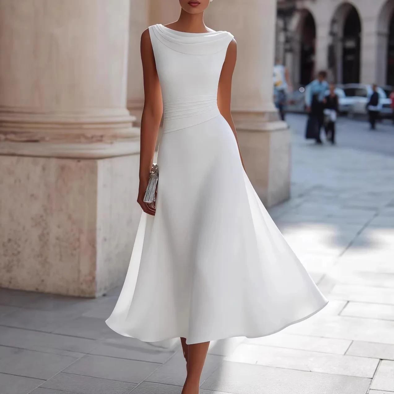 Women Draped Cowl Neck Sleeveless Waist Ruched Midi Dress Elegant Formal Wedding Guest Swing Dress