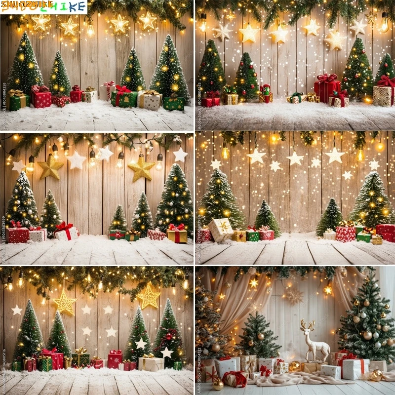 

Christmas Day Gift Boxes Steam Train Photography Backdrops Living Room Holidays Carpet Fireplace Pine Trees Background VT-04