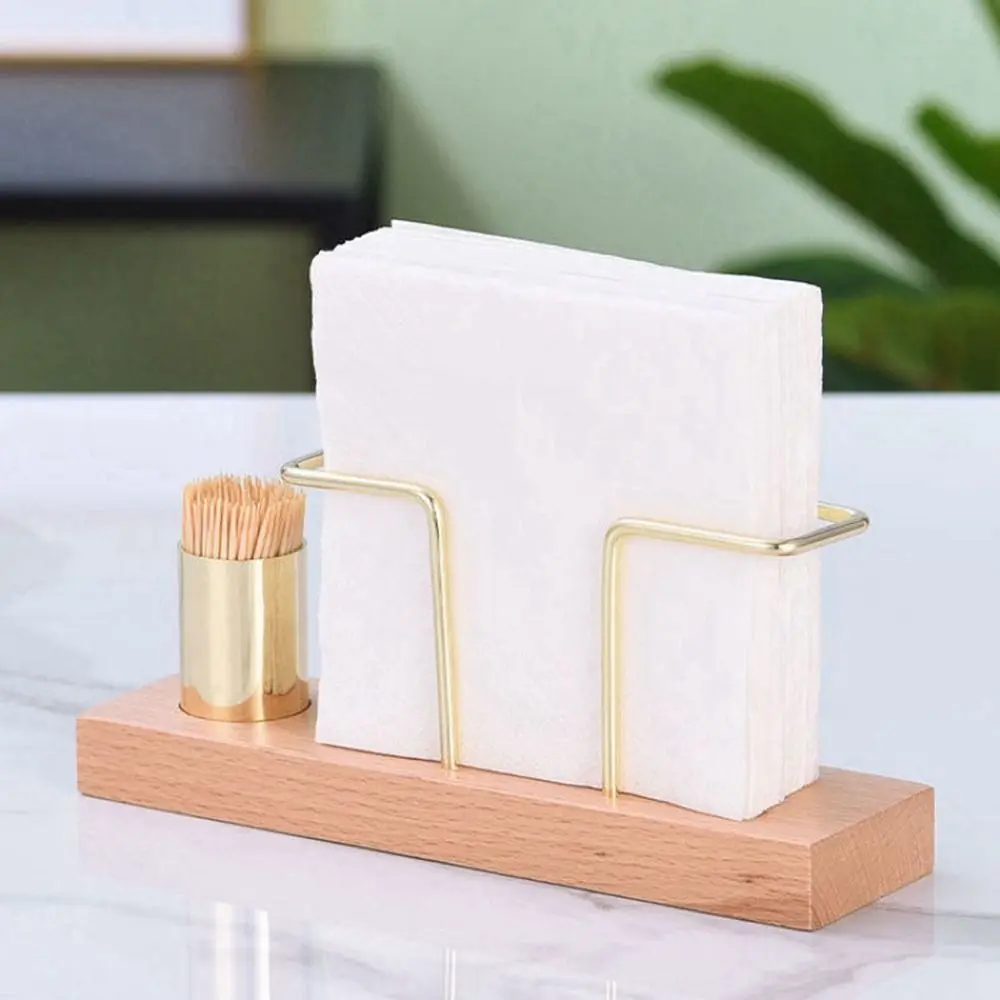 Wooden Napkin Holder Kitchen Accessories Gold Metal Tissue Dispenser with Toothpick Case Vertical Tissue Box Restaurant