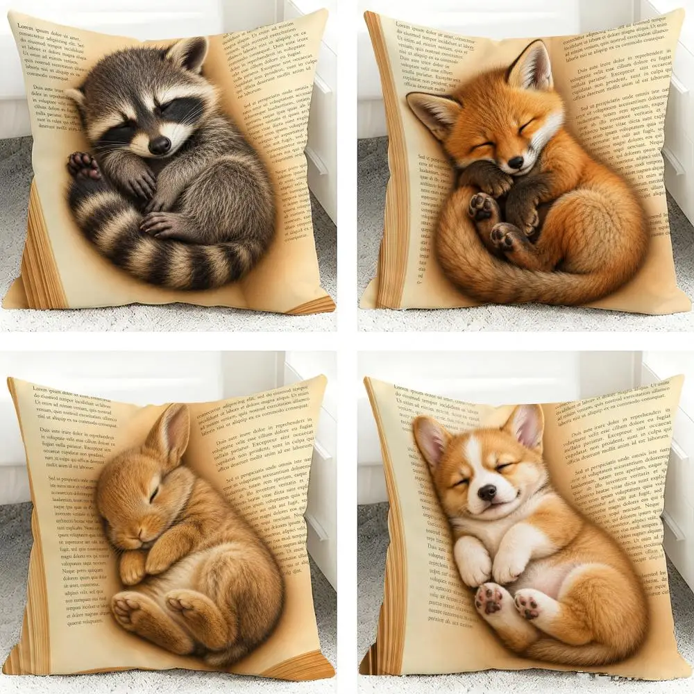 Sleepy Animals On Vintage Book Cushion Cover Pillows Modern Home Decoration Living Room Pillow Covers Decorative Cushions Cover