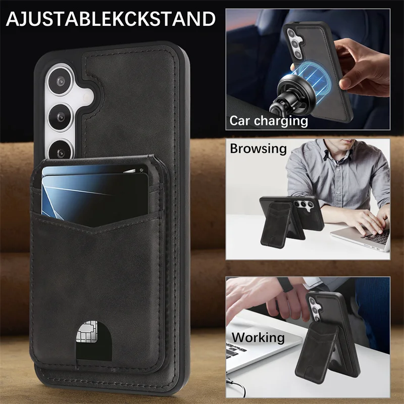 

Phone case For Samsung Galaxy S25 Edge S24 Plus Magnetic Wireless Charging A55 A56 5G Leather Flip Card Holder Protective Cover
