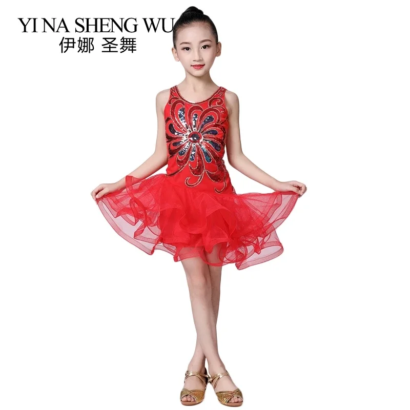 New Children Latin Dance Skirt Sequins Mesh Latin Dance Stage Performance Clothing 1Pc Girls Latin Tango Salsa Competition Dress