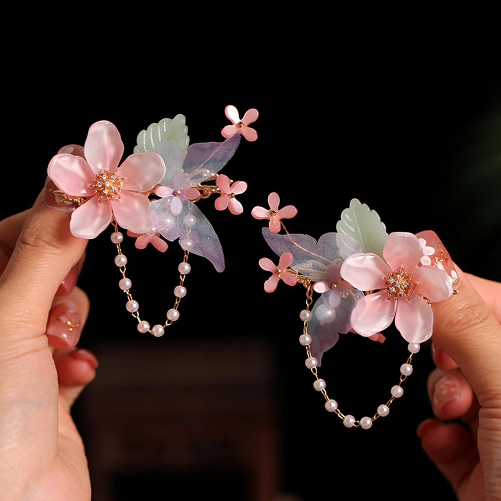 Fairy Pink Flower Hairpins Side Clips Floral Fringe Jewelry for Women Pearls Chain Pendant Hairclips Girls Hair Accessories