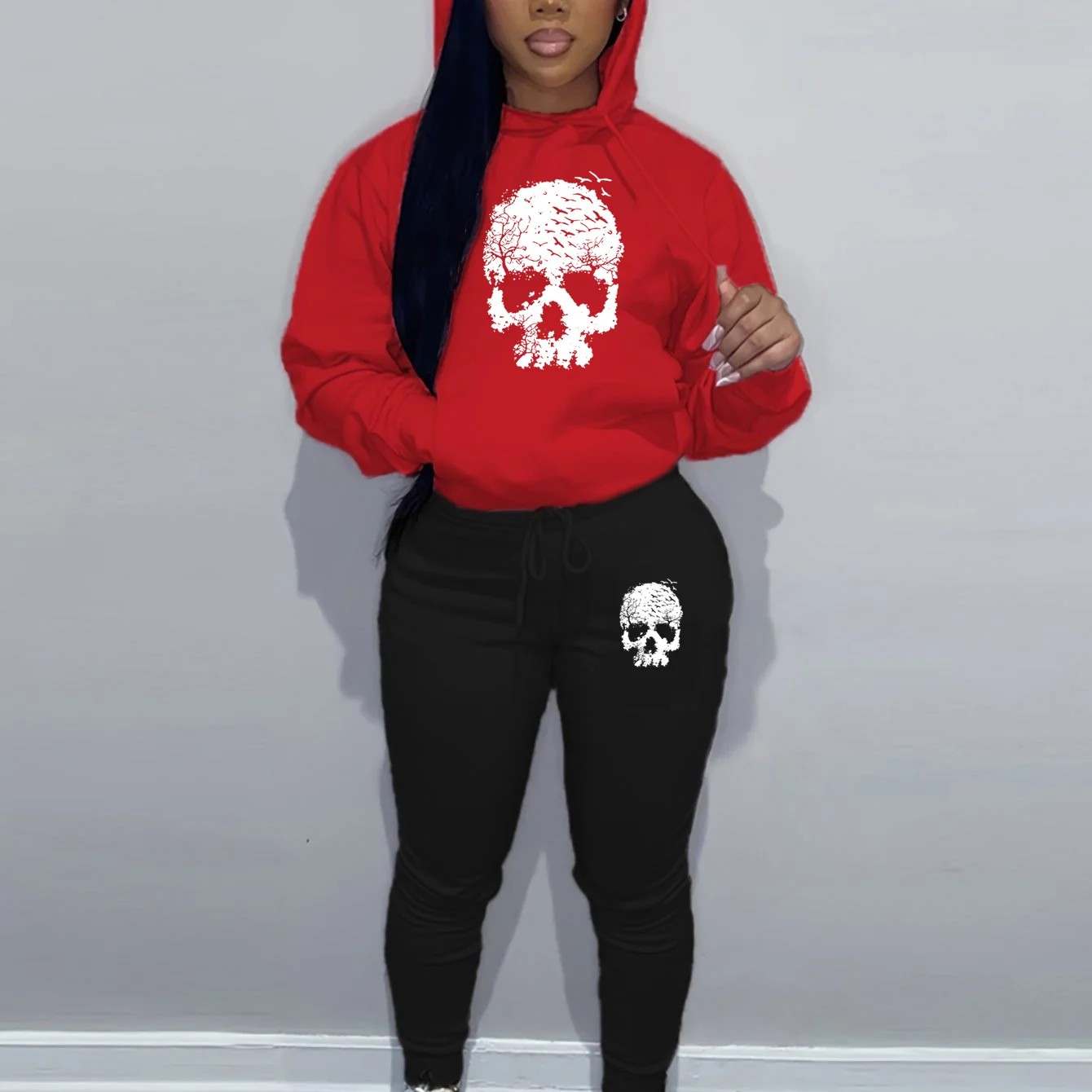 المرأة الخريف والشتاء عارضة أزياء فضفاضة الهيب هوب الشارع الجمجمة نمط مطبوعة الدافئة هوديي + السراويل الرياضية مجموعة