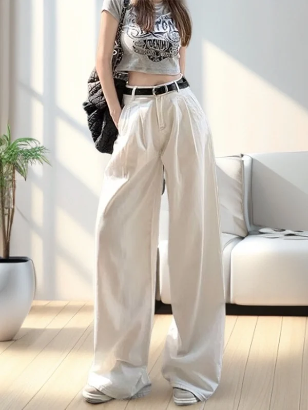 American Style High Waist Wide Leg Jeans Women's Spring Summer Autumn Loose Wrinkle Lazy Drape Straight Cut Pants