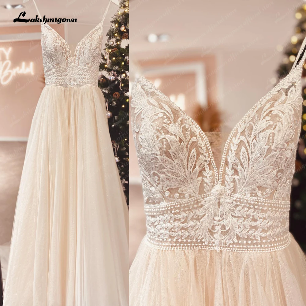 Lakshmigown Spaghetti Straps Champagne Boho Wedding Dress For Women Vestido Civil Bridal Customized Wedding Gowns suknie slubne