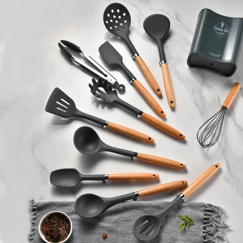 Anti-scald Silicone Kitchenware Soup Spoon Spatula Food Tong Heat Resistant Wooden Handle Suspendable Cooking Tool Set