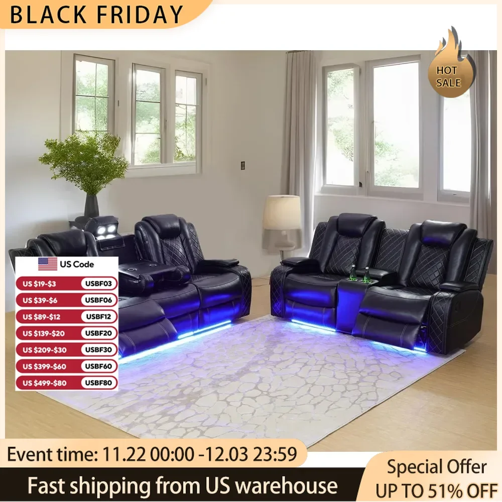 

Living Room Furniture Set,Leather Power Recliner Sofa Set with LED,Leather Sofa Set with USB Port Storage Console Cup Holder