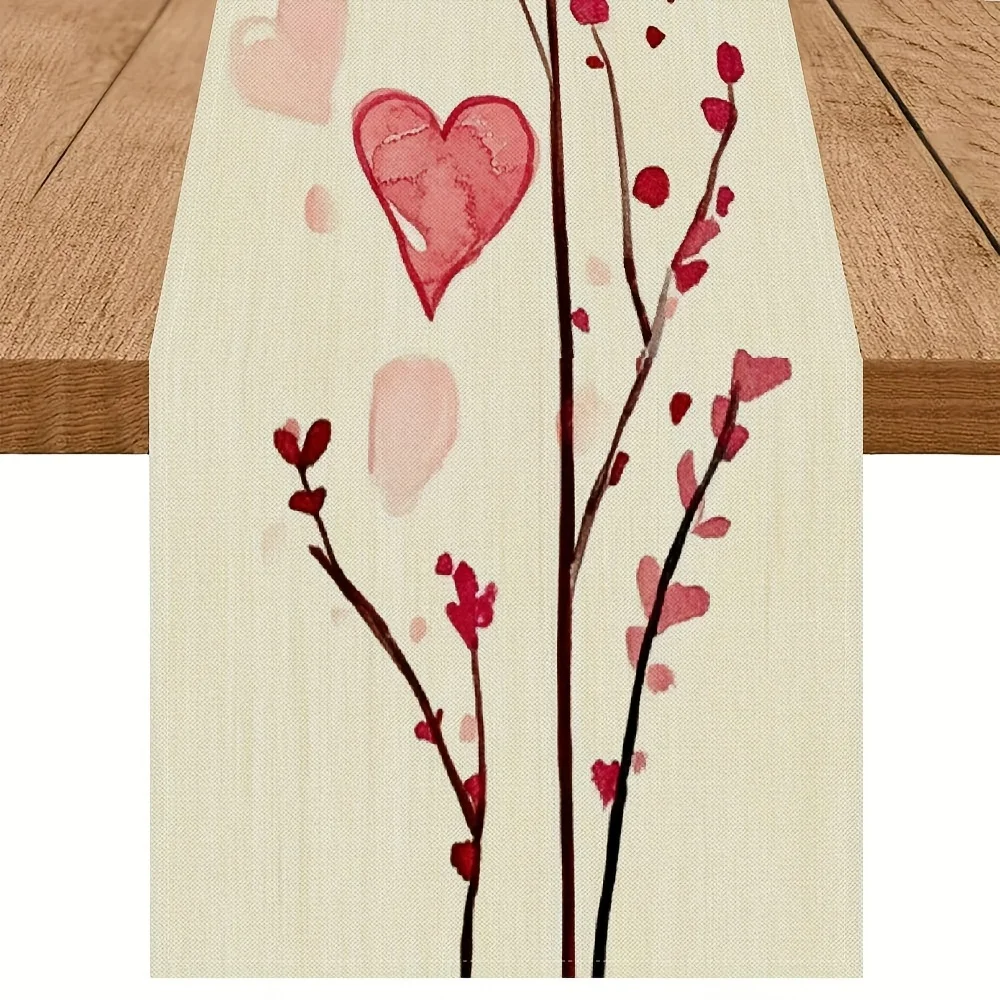 

1pc Valentine’s Day Holiday Table Runner: Linen 2D Watercolor Heart Design, Romantic Red-Pink Style. Perfect for Romantic Festiv