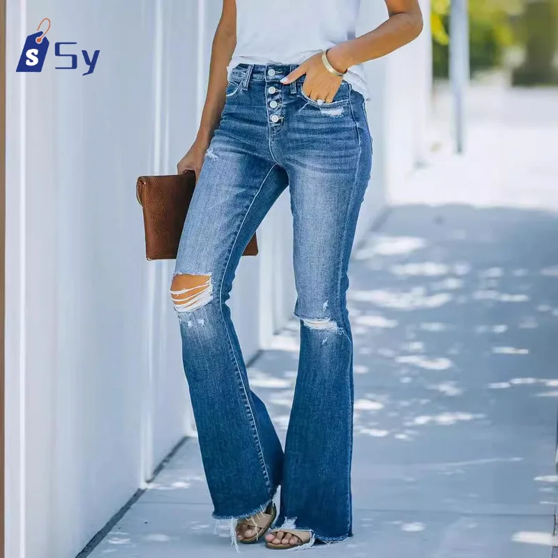 Sy Women Holes Ripped Tassel Flare Jeans Hollow Sexy High Waist Denim Trousers Ladies Vintage Stretch Slim Jeans Wide Leg Pants