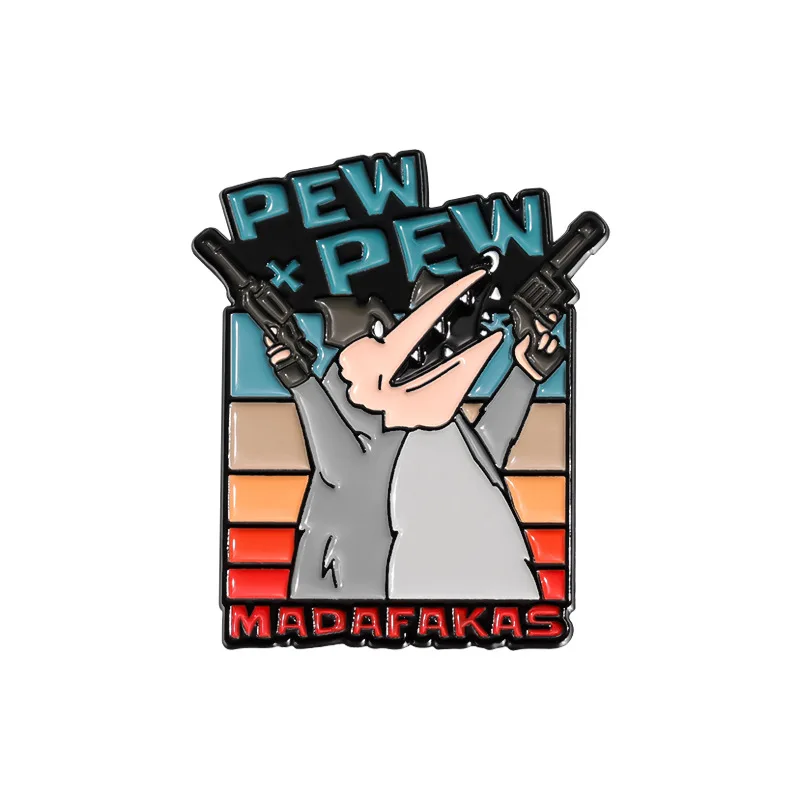 Cartoon anime character opossum Enamel Pins Fun animal, gun wielding mouse Metal Brooch Clothing Bag Accessories
