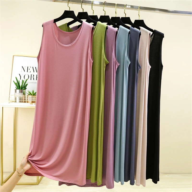 

Summer Thin Modal Sleeveless Vest Dress Women Loose Nightgown Home Dress Long Midi Base Skirt Casual Home round Neck Color
