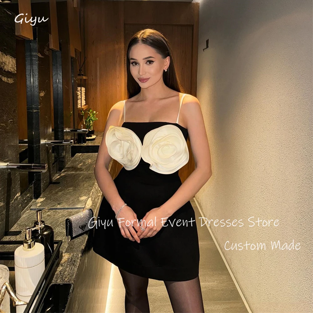 

Giyu Summer Black Mini Velvet Party Prom Dresses 3D Flowers Spaghett Straps Sexy Cocktail Dress Night Event Formal Gowns
