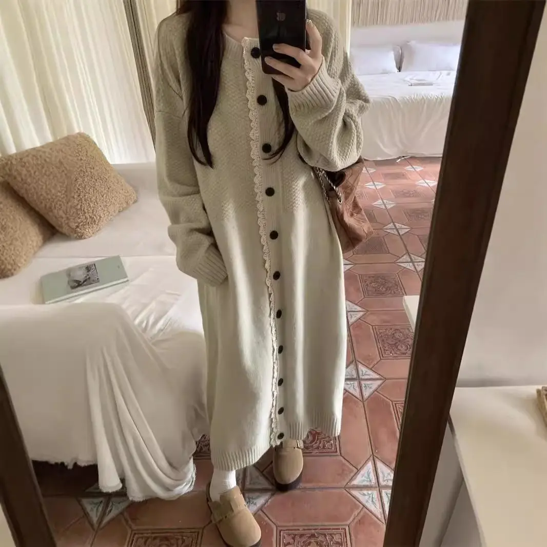 

Literary Retro Lazy Over-the-knee Long Dress with Knitted Cardigan Jacket, Plus-size Loose Sweater for Women