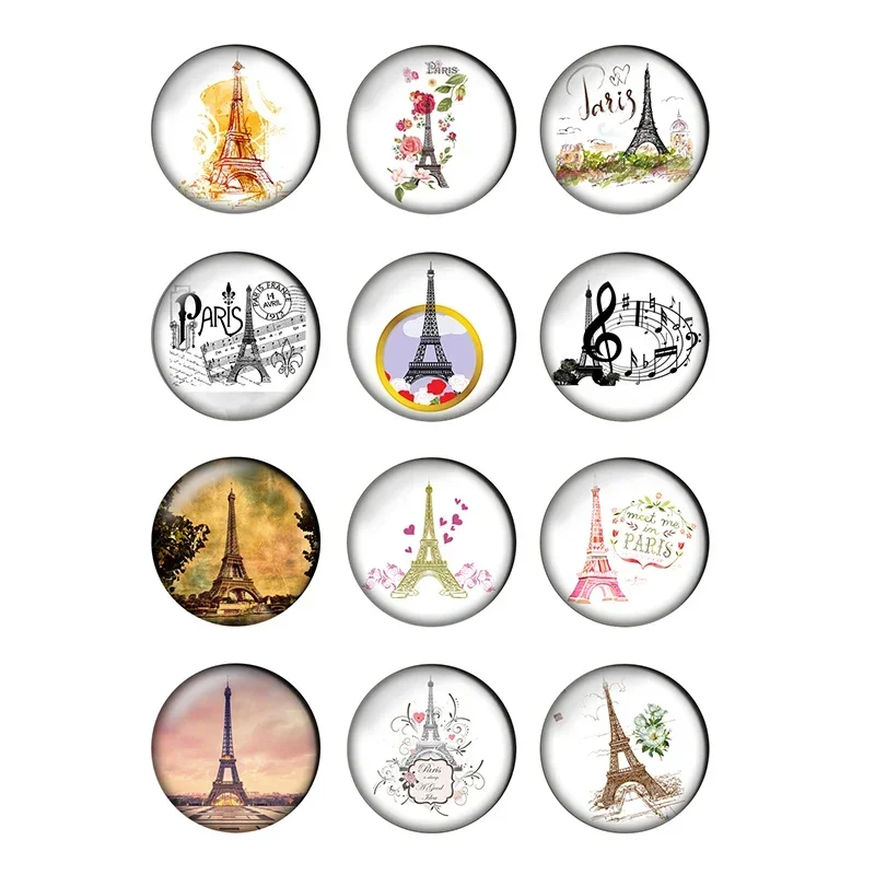 12pcs Paris Eiffel Tower Round Photo Glass Cabochon 10 12mm 14mm 18mm 20mm 25mm Demo Flat Back DIY Jewelry Making Supplies T025