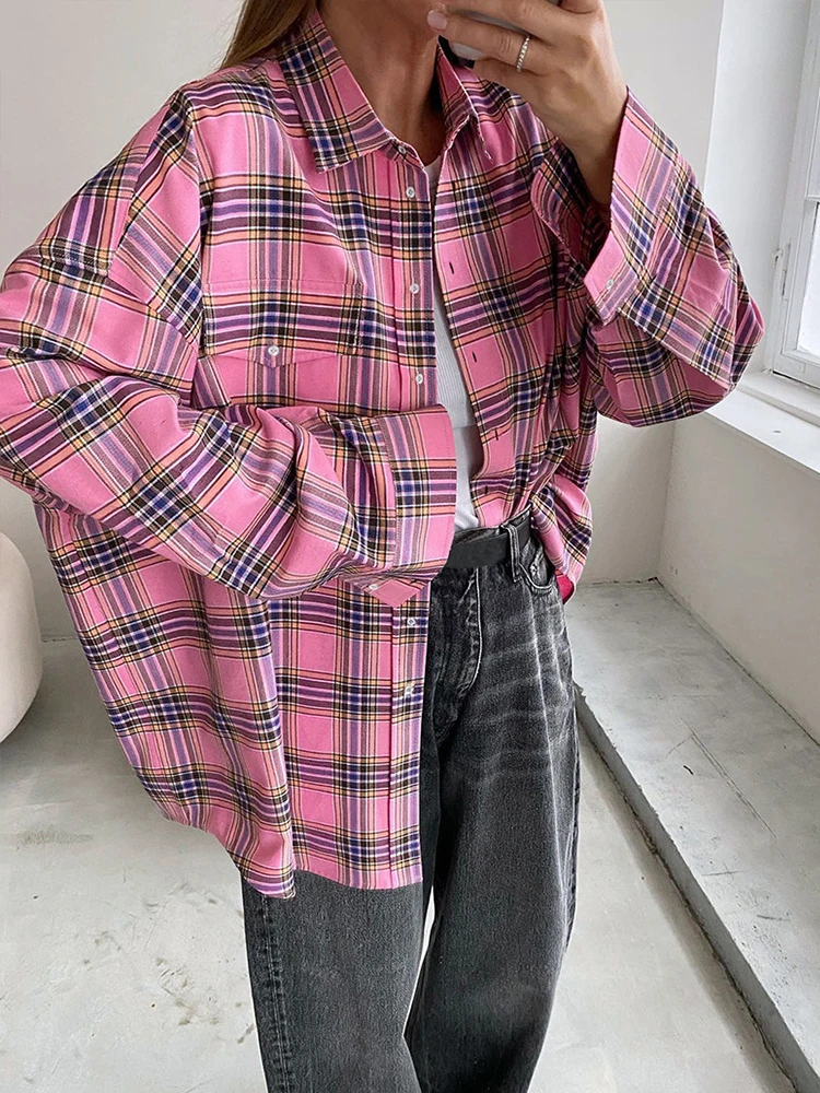 2023 Autumn Winter Women Vintage Oversized Long Thick Plaid Shirt Long Sleeve Ladies Loose Fit Blouse For Woman