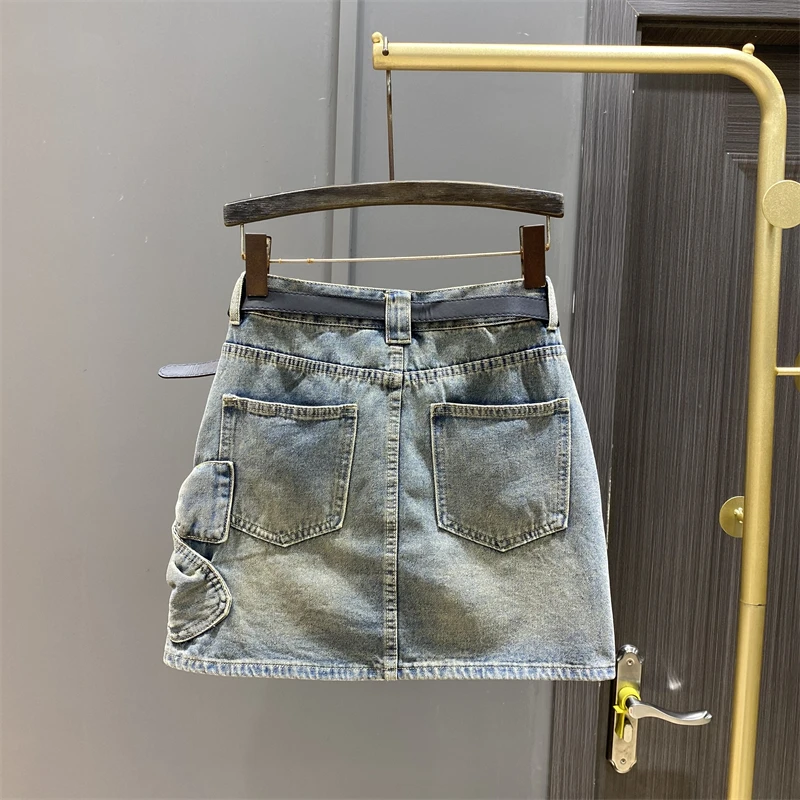 2024 Summer Fashion Retro Washed-out 3D Bow Denim Skirt Women's High Waist Slimming Eelegant Sheath Skirt Anti-Exposure Skirts